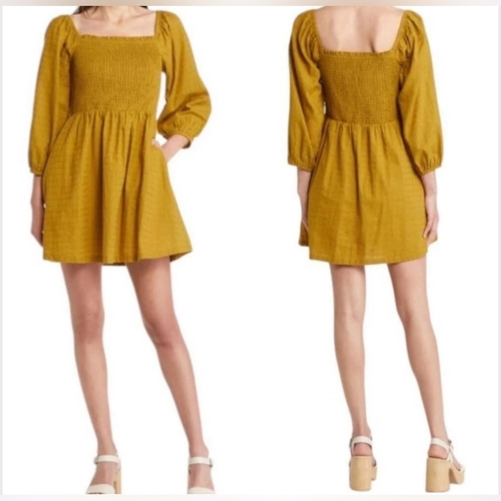 LOST+WANDER Mini Dress, Smocked Bodice, Lined, 100% Cotton, Ecru Olive, Sz Small